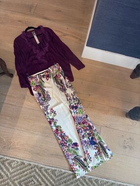 Roberto Cavalli Cream Wide-Leg Floral Print Pants - worn once